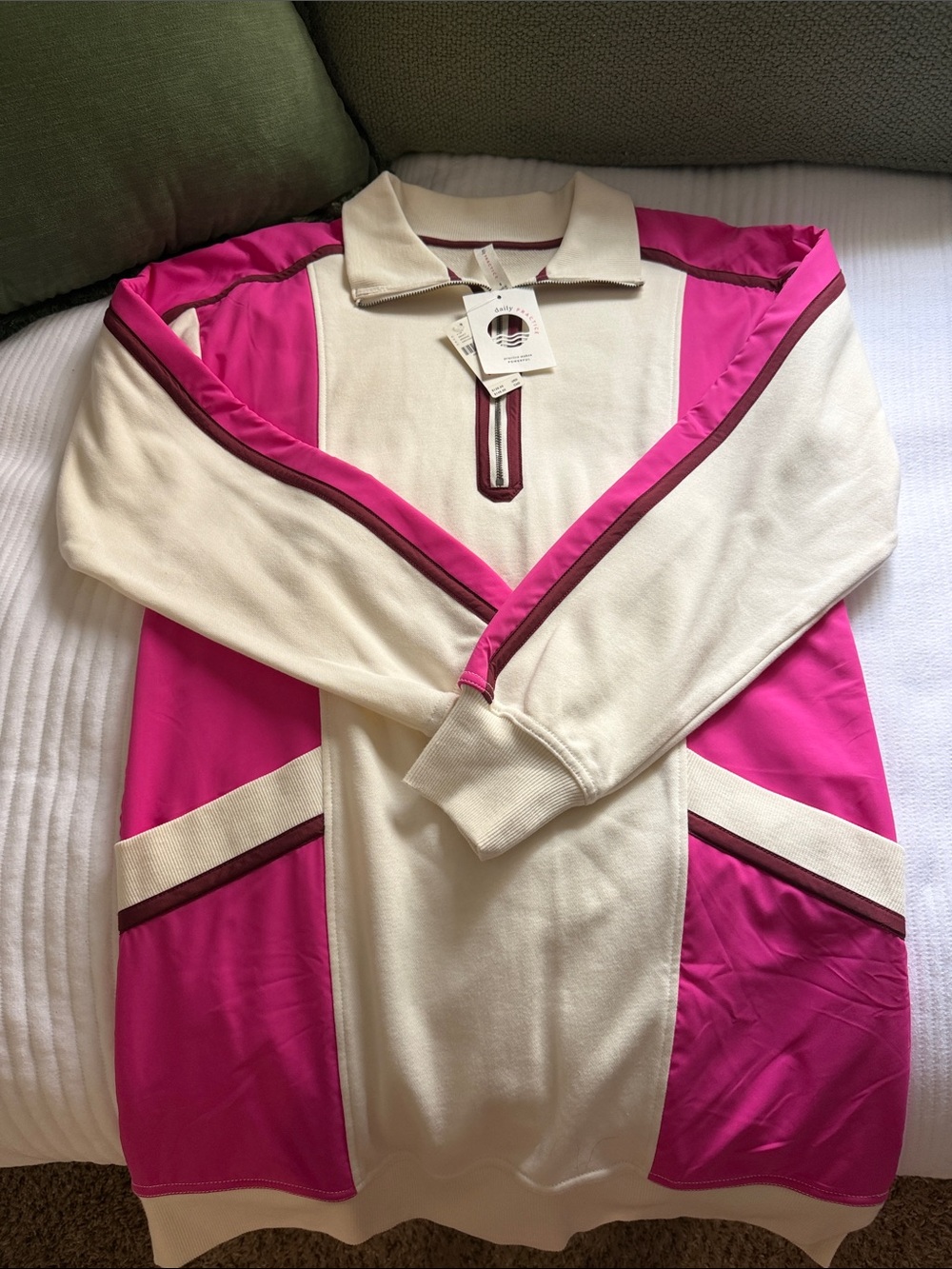 Cream and Pink Long Sleeve Polo Dress with Contrast Trim